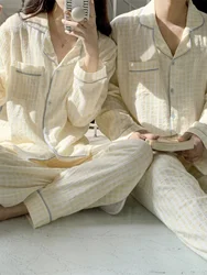 Plaid Couples Sleepwear Long Sleeve Long Pants Home Clothes Two-Piece Set Autumn Spring Korean Style Simple Color Collision