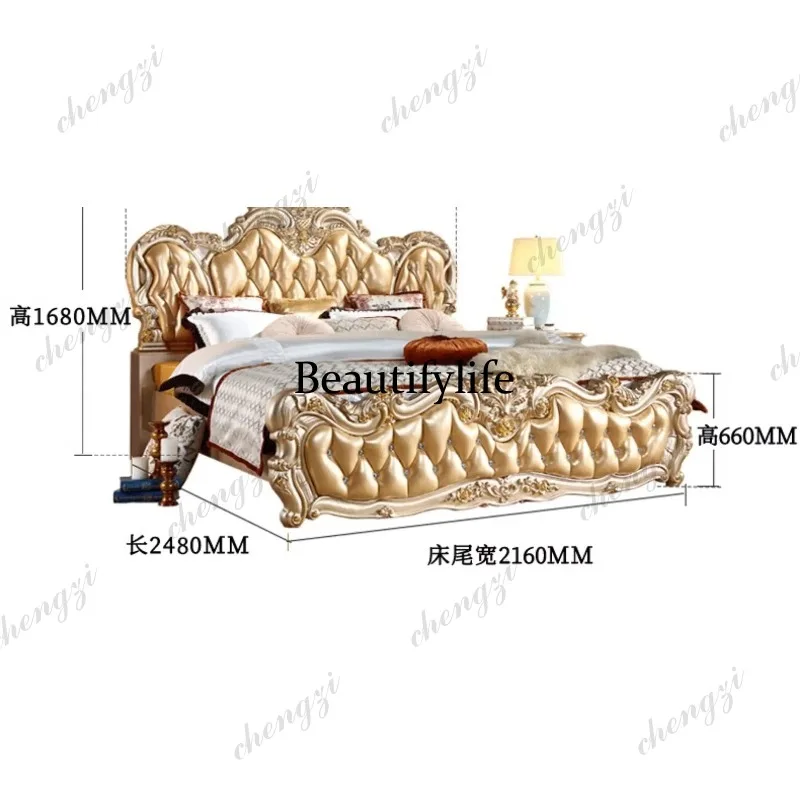 Gold European Luxury Double Bed Set Design Room Small Luxury Home Double Bed Mattress Wooden Adults Muebles - view 5