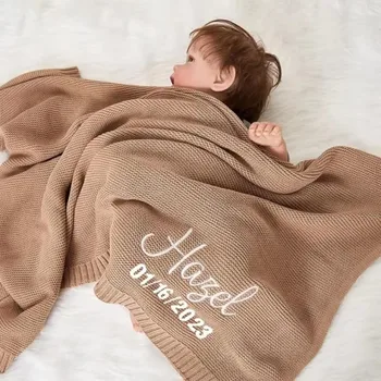 ส่วนบุคคลชื่อเด็กถักผ้าห่มผ้าฝ้าย 100x80 ซม.ผิว WARM ทารกแรกเกิด Wraps CUSTOM ผ้าห่มเด็ก Chirstmas ของขวัญ