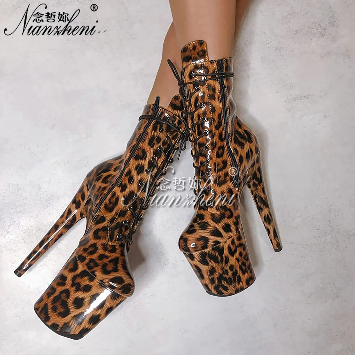 Exotic 20 cm Leopard Print Gothic Stripper Heels Size 34-46 8Inch Platform Ankle Boots Strip Pole Dance Catwalk Round Toe Women