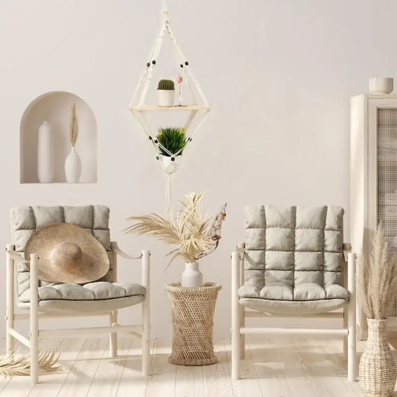 Estante flotante de macramé, organizador de almacenamiento bohemio, tapiz de pared para sala de estar, dormitorio, decoración de habitación de niños