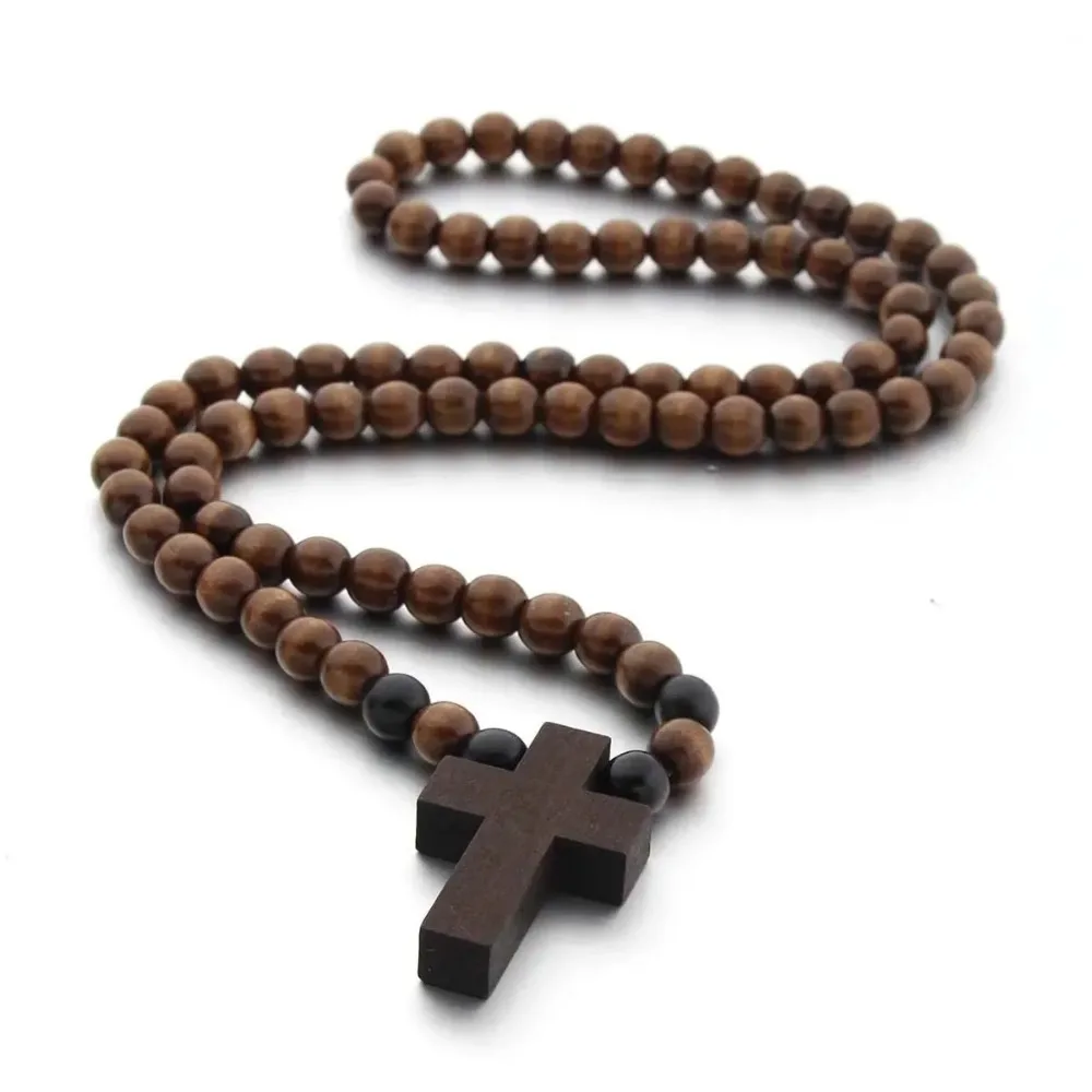 Brown Short Cross Pendant Wooden Beaded Necklaces for Men Woman Rosary Wood Bead Payer Religious Jewelry
