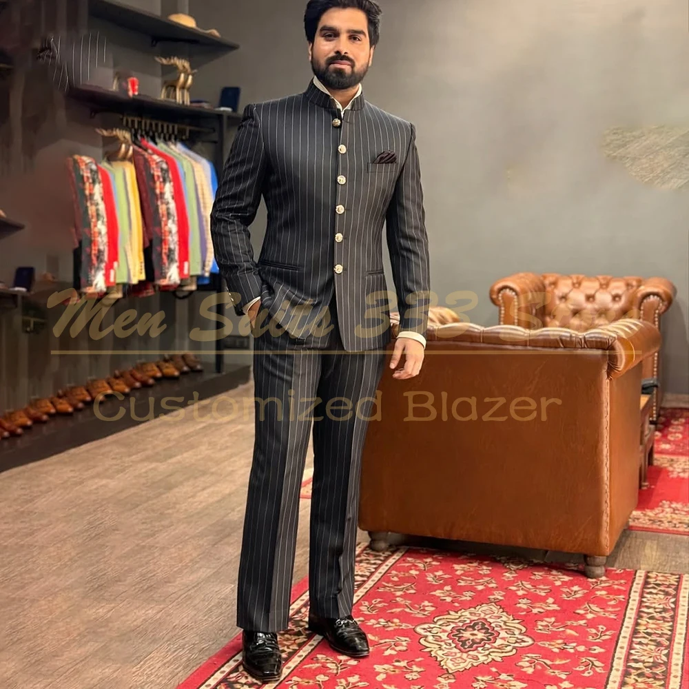 

Мужской костюм Black Stripe 2026: стандартный крой, воротник-стойка, комплект из 2 предметов (пиджак и брюки), высококачественная деловая мужская одежда