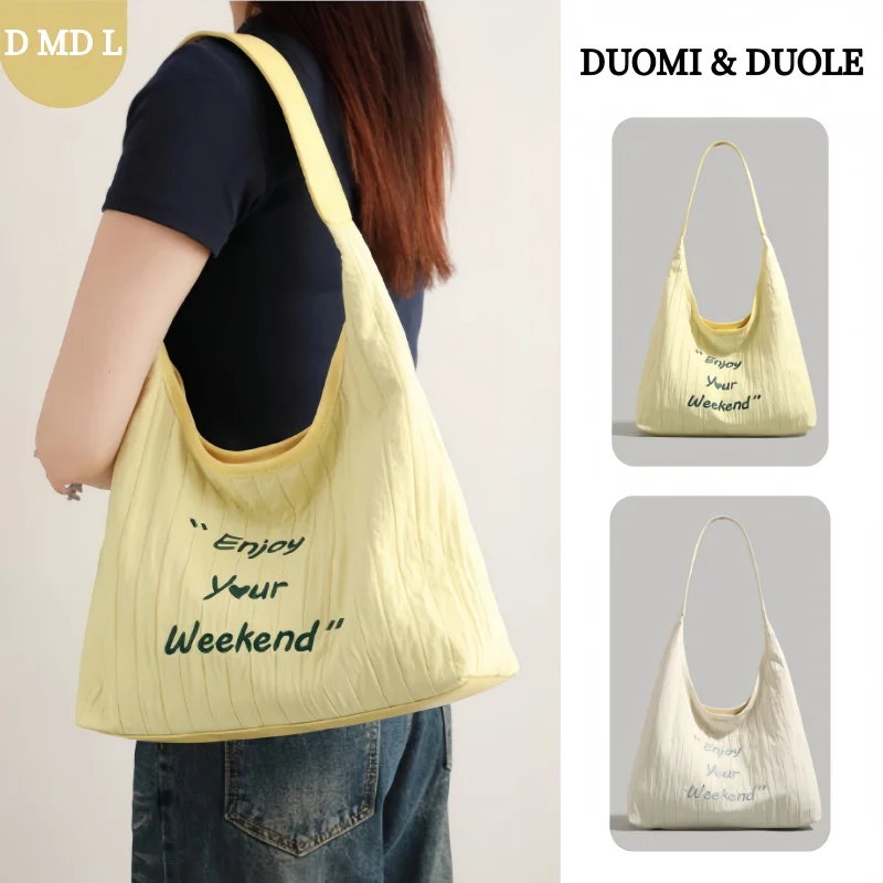 

Весенняя повседневная легкая сумка-тоут из жатого нейлона светло-желтого цвета с принтом «Enjoy your Weekend», большая, для женщин, коллекция 2026 года