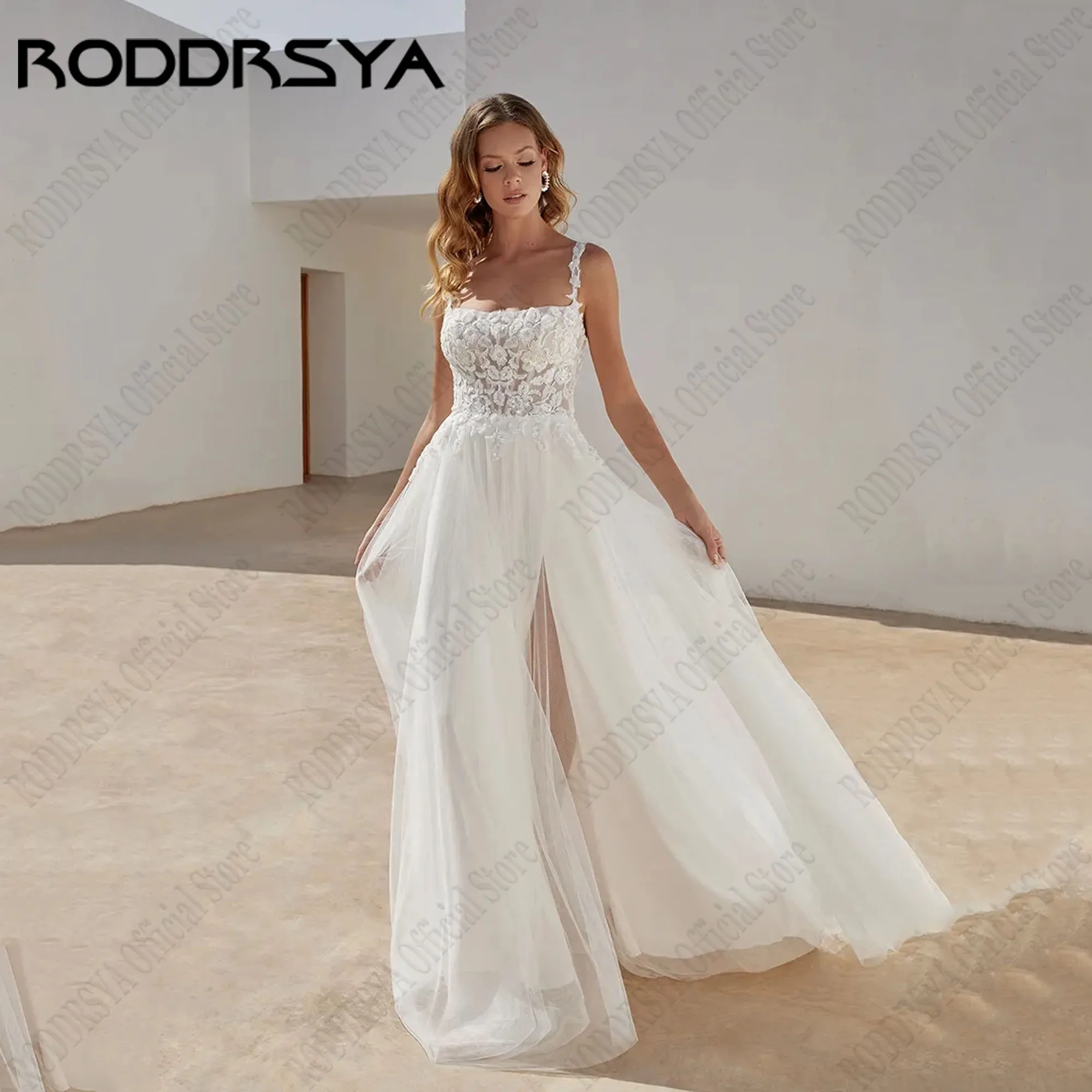 

RODDRSYA A-Line Sleeveless Wedding Dresses Spaghetti Straps Square Neck Bride Gowns Side Slit Tulle vestidos de fiesta Backless