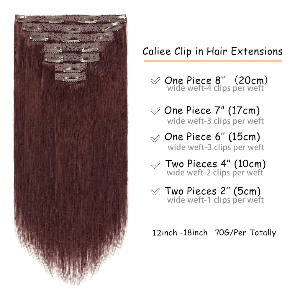 Clip In Hair Extensions 100% Human Hair Clip ins Wine Red Color 99J# Extensions Double Weft Seamless Full Head For Women