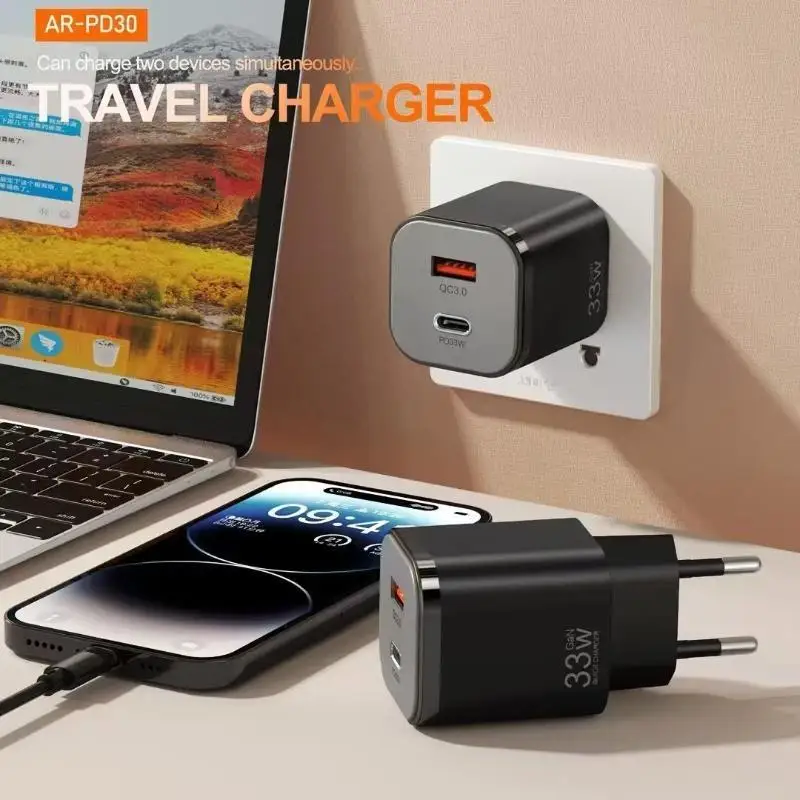 ~33W GaN Fast Travel Charger Dual Port PD 33W QC30 Output For Mobile Phones Tablets Travel And Daily Use