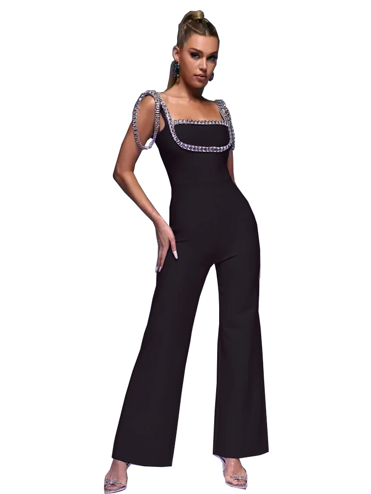 Women High Waist Light Purple Sleeveless Rhinestones Wide Leg Jumpsuit Bodycon New Fashion Celebrity Club Party Bandage Jumpsuit