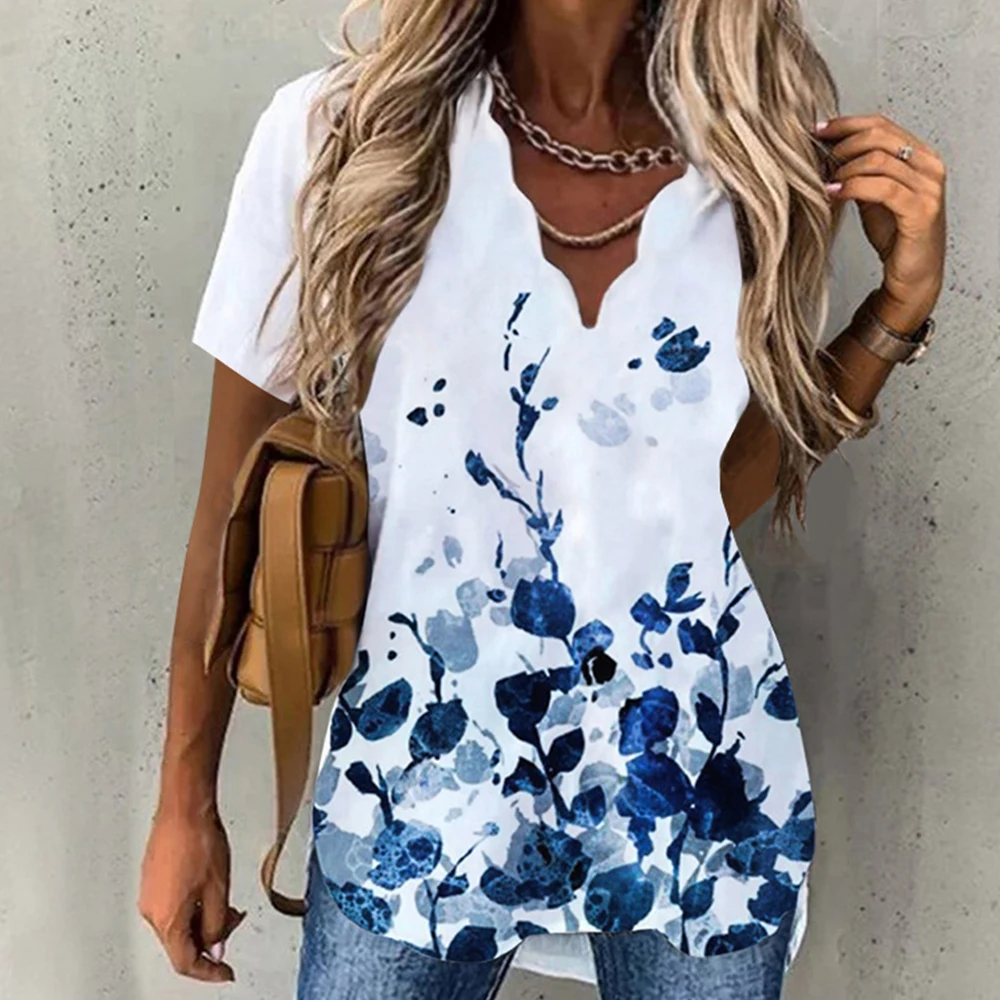 Wave Neck Asymmetric Printed Shirt Short Sleeved 2023 New Women Summer Style Top Loose Oversized T-Shirt