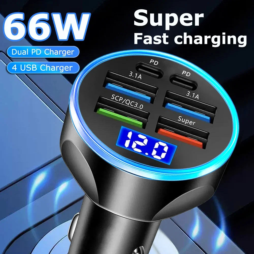 Car Charger Dual PD+USB QC3.0 66W Quick Charging 6-Port Phone Charger 12-32V Cigarette Lighter Adapter with Voltmeter Display