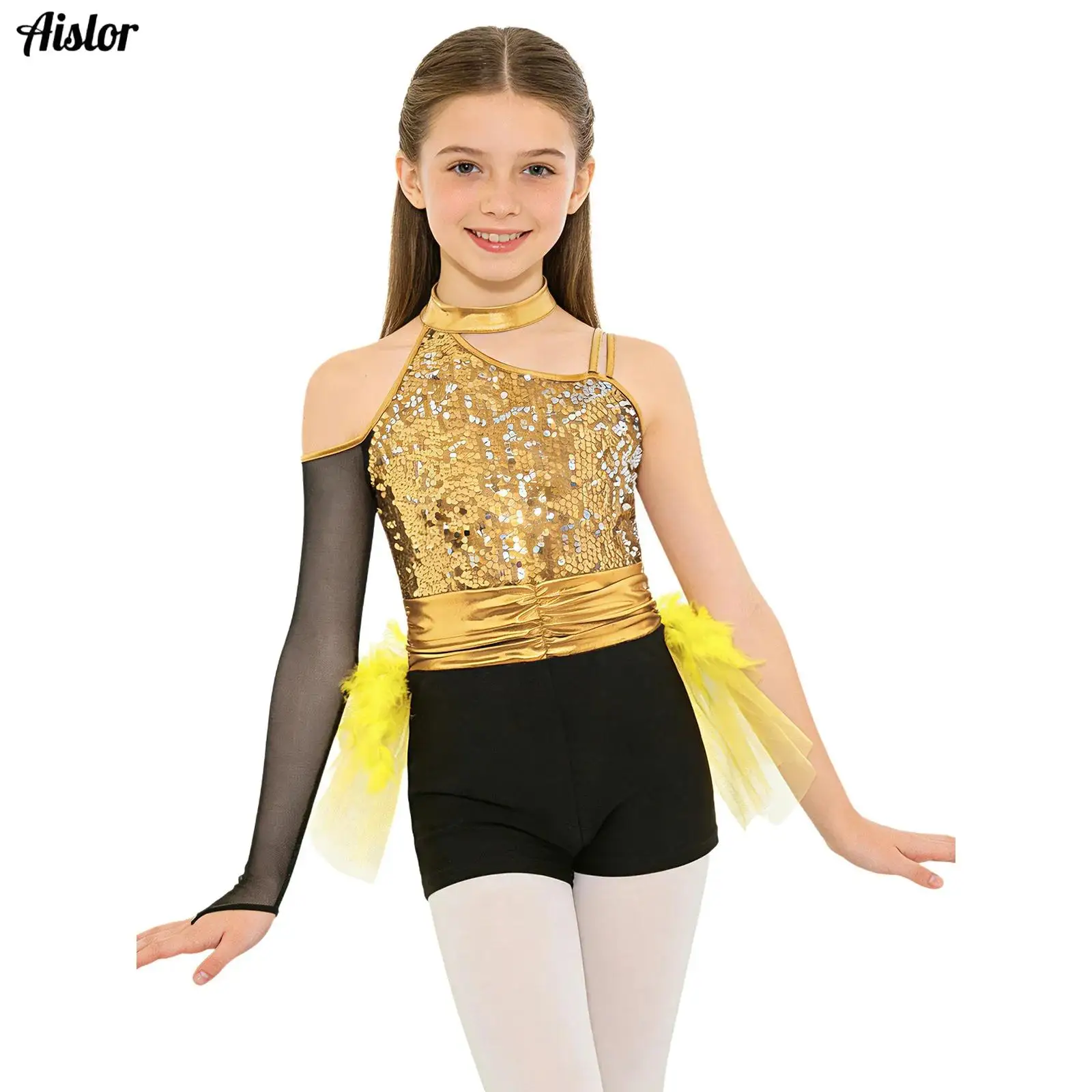 Kids Girls Latin Jazz Dance Jumpsuit  One Shoulder Sparkly Sequins Bodice Feather Tulle Tutu Skirted Leotard Stage Competition
