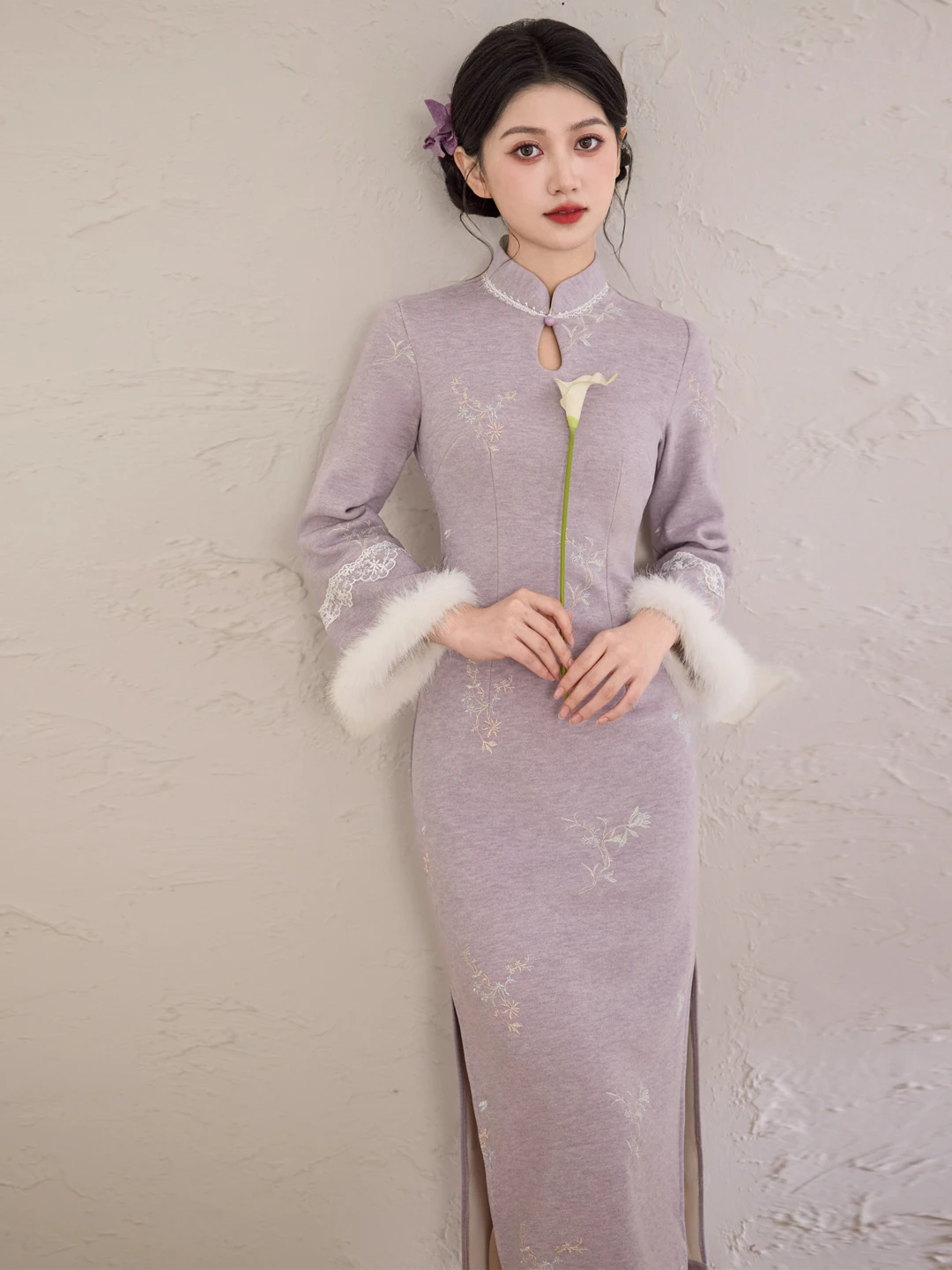 

Ele Purple Reformed Women's Autumn Winter Fce Lined Embroidered New Chinese Sle Slimming Dr for Daily Wear