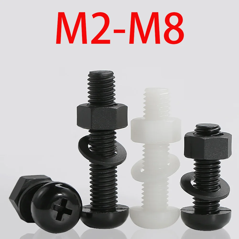 3 in 1 Three-piece Combination Screw M2 M2.5 To M8 White/Black Nylon Phillips Screw Nut Washer Set Plastic Insulated Cross Screw