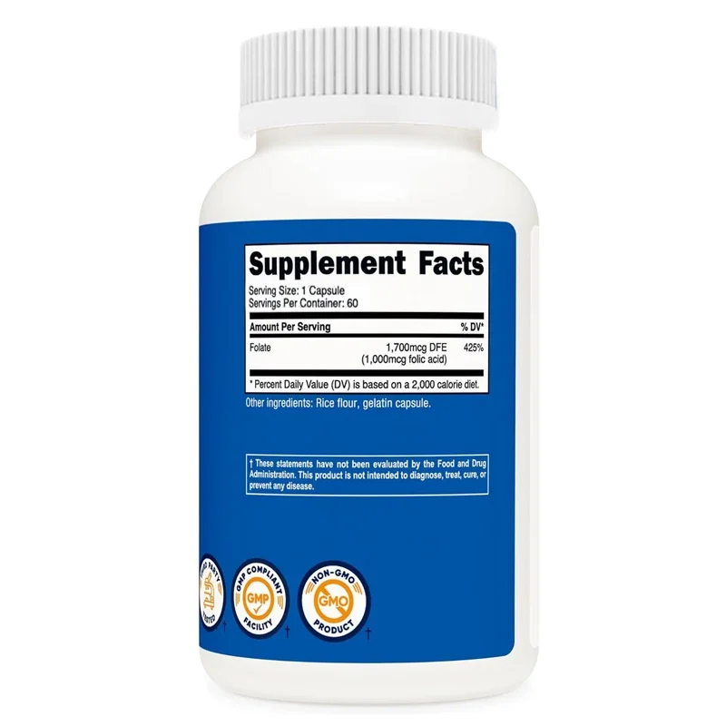 حمض الفوليك عالي الجودة (فيتامين ب9) 1000 مكمل جرام، 60 كبسولة غير كائنات معدلة وراثيًا، خالي من الصويا، خالي من الغلوتين