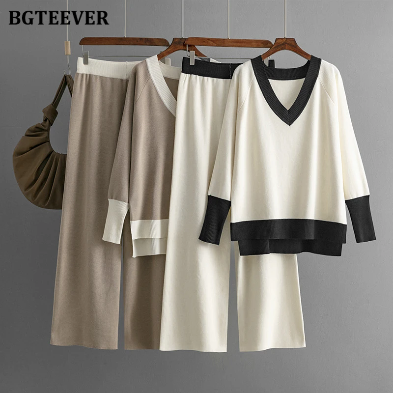 BGTEEVER Winter Women Sweater Set V-neck Patchwork Pullovers Tops & Wide Leg Pants Ladies Knitted Outfits