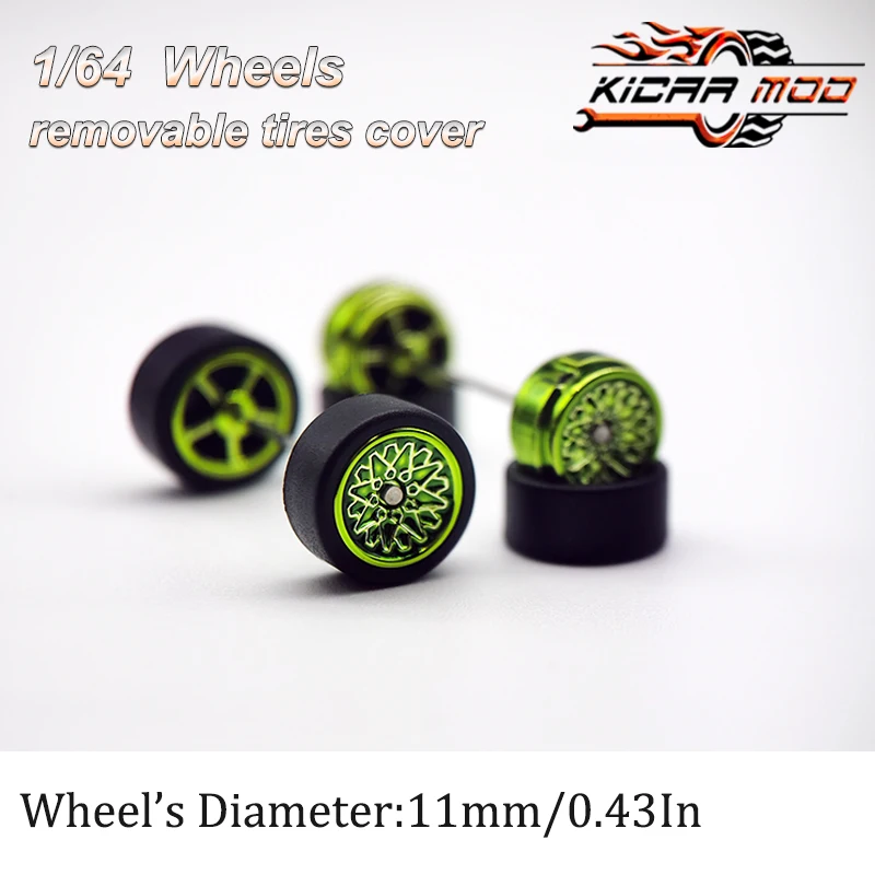 1/64 RLC Premium Wheels with Rubber Slick Tires for Hot Wheels Petal Spokes 2 Model Car Refitting Parts D:11mm (1 Set)