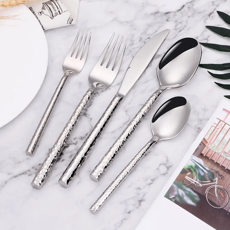 5/10/15/20Pcs Gold Heavy Cutlery Sliver Dinner Set Stainless Steel Tableware Mirror Western Hammer Pattern Handle Knife Fork