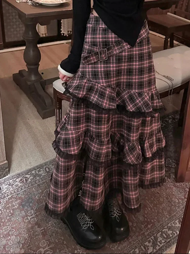 

Длинная юбка в клетку с оборками, женская, в корейском стиле преппи, приталенная, А-силуэт, весенняя, винтажная, универсальная, элегантная