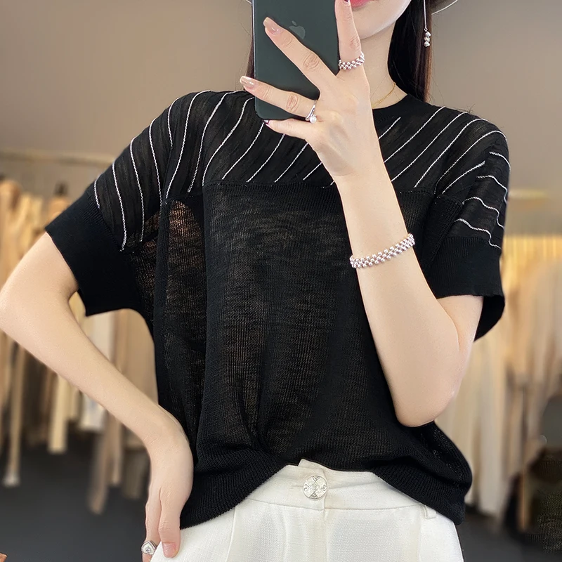 

2023 Summer New Knitwear Women's Round Neck Pullover Mint Cool Hollow Out Design Loose Fashion Thin Knitted Short Sleeve Top