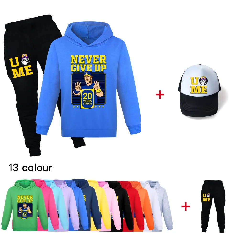 Kids John Cena Never Give Up Green Hoodie New Sport Boys Girls Pullover Tshirts Autumn Sweatshirt Tops+pants+sunhat 3pcs sets