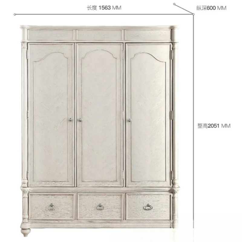

American solid wood retro wardrobe, bedroom oak white old wardrobe, three-door wardrobe with drawers