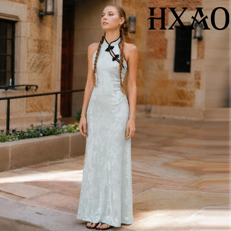 HXAO Jacquard Damen-Satinkleid, schulterfrei, Neckholder, Qipao, lange Kleider, Sommer, rückenfrei, Partykleider, Knopf-Maxikleid