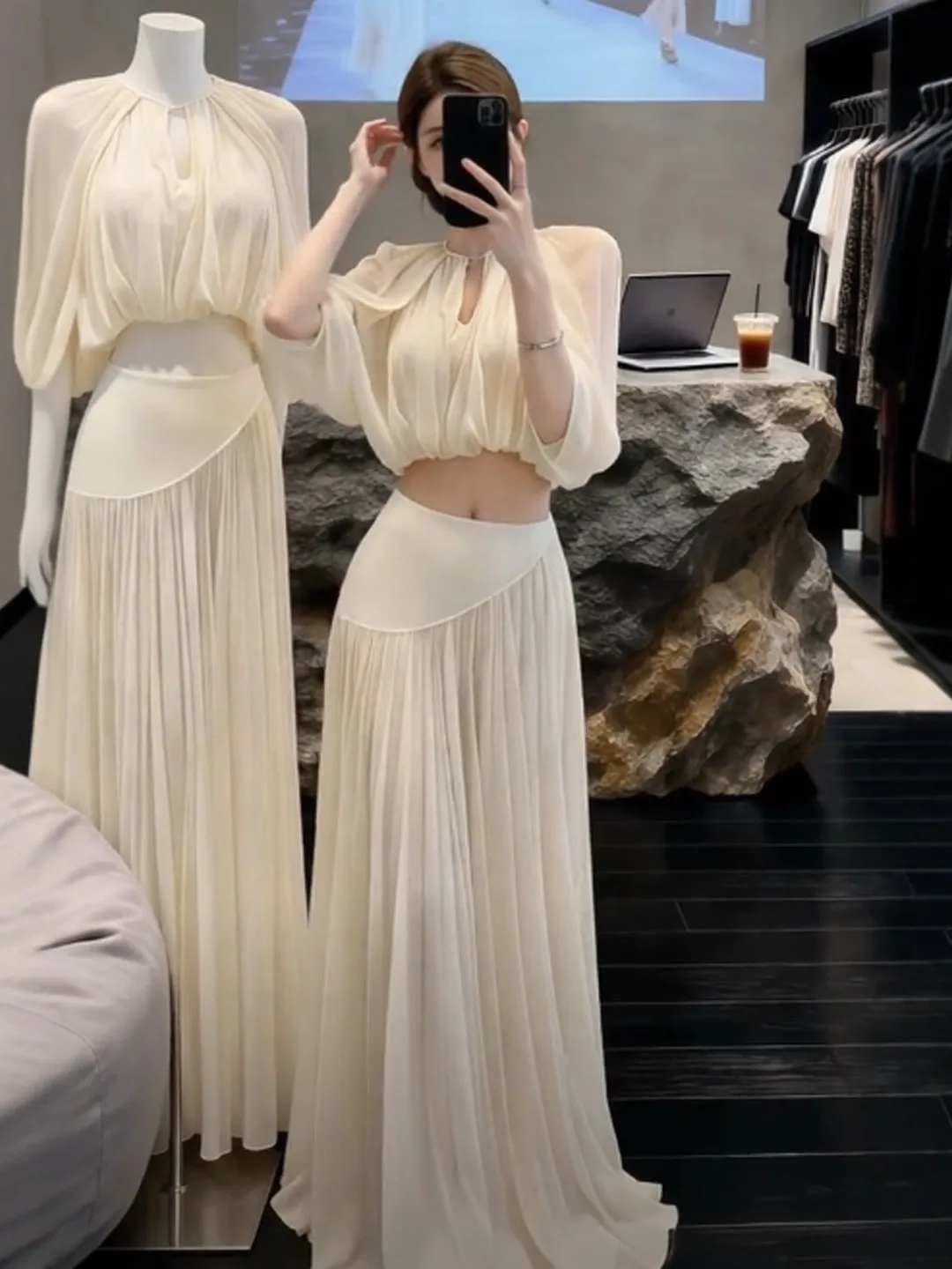 

Gentle Wind Beautiful Cloak Top f Skirt Two-Piece Set Anti-Aging Combination Spring Set ort Sve High Waist Cotton Inner