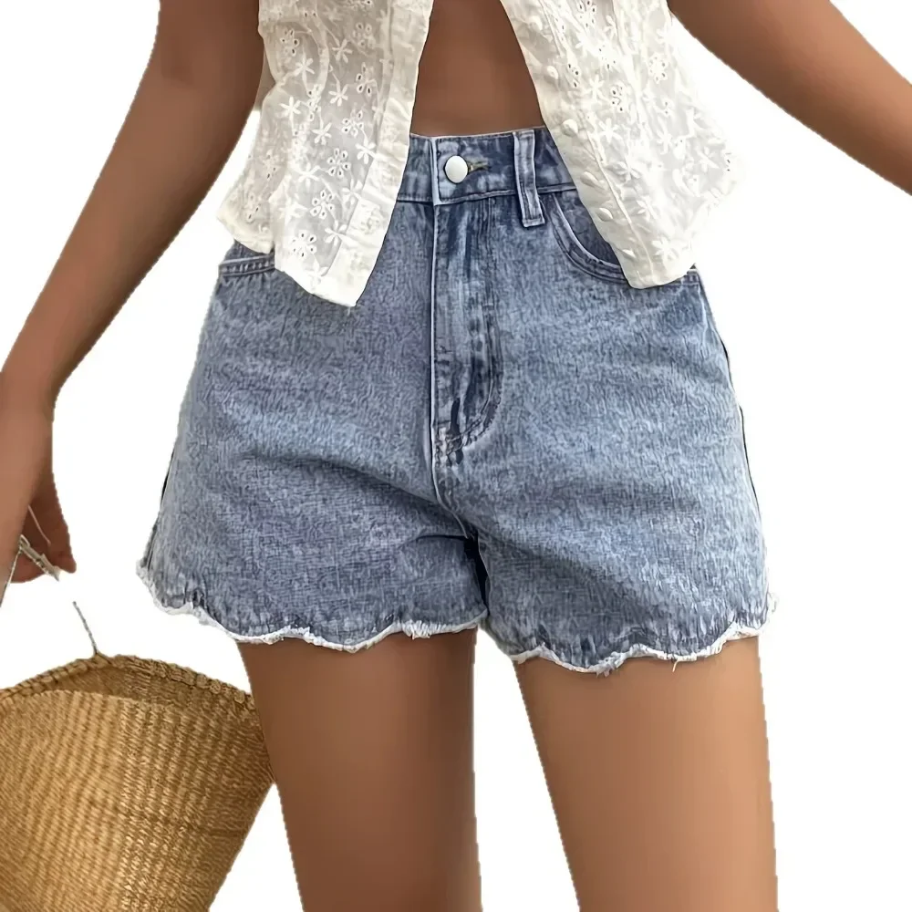 Women High Waist Snowflake Washed Denim Shorts Raw Hem Loose Vacation Casual Bottoms Soft Breathable Flattering Comfy New