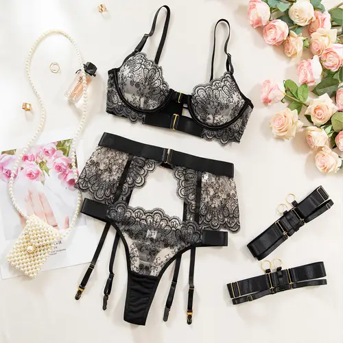 Krasapt Luxury Black Flower Embroidery Lingerie 4 Pcs Sets Fancy Mesh Transparent Metal Buckle Bra And Thong Garter Erotic Set - Image 6