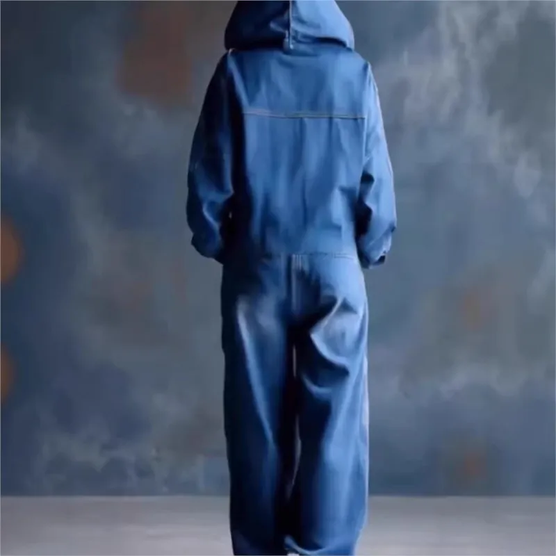 Fashion Street Hooded Loose Jumpsuit Elegant Single-breasted Cowboy Playsuits Autumn Casual Long Sleeve Solid Color Long Romper