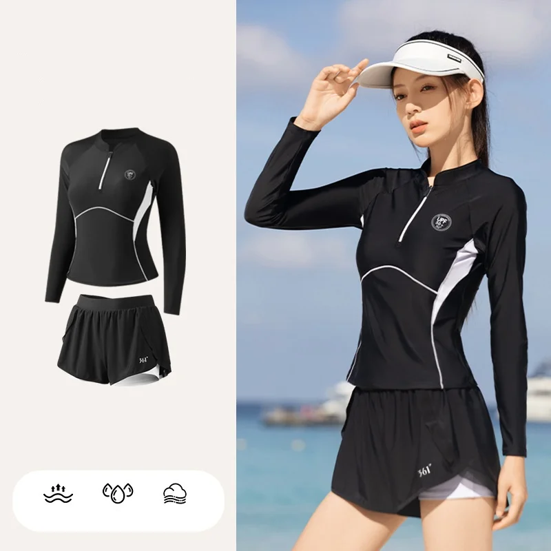 361Women Long Sleeve WaterProof Beach Surfing Athletic Push Up Swim Shirt Trunks Two Pieces Quick-Dry Sports Bathing SwimSuit