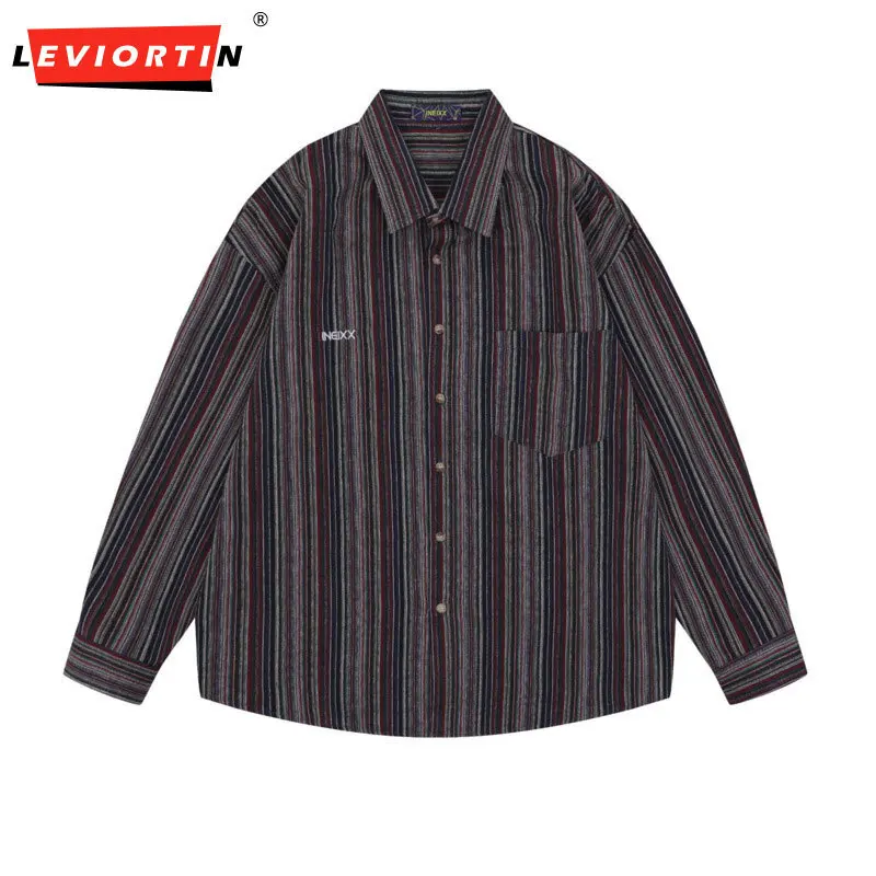 Japanese retro collar long sleeved vertical striped shirt for men and women, Hong Kong trend brand couple loose casual shirt