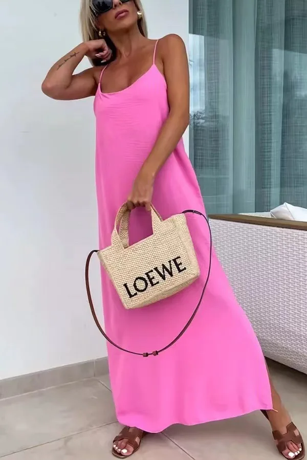 

BKLD Solid Color Sleeveless Dress 2025 Spring New Fashion Women Clothing Casual Loose Split Spaghetti Strap Party Long Dresses