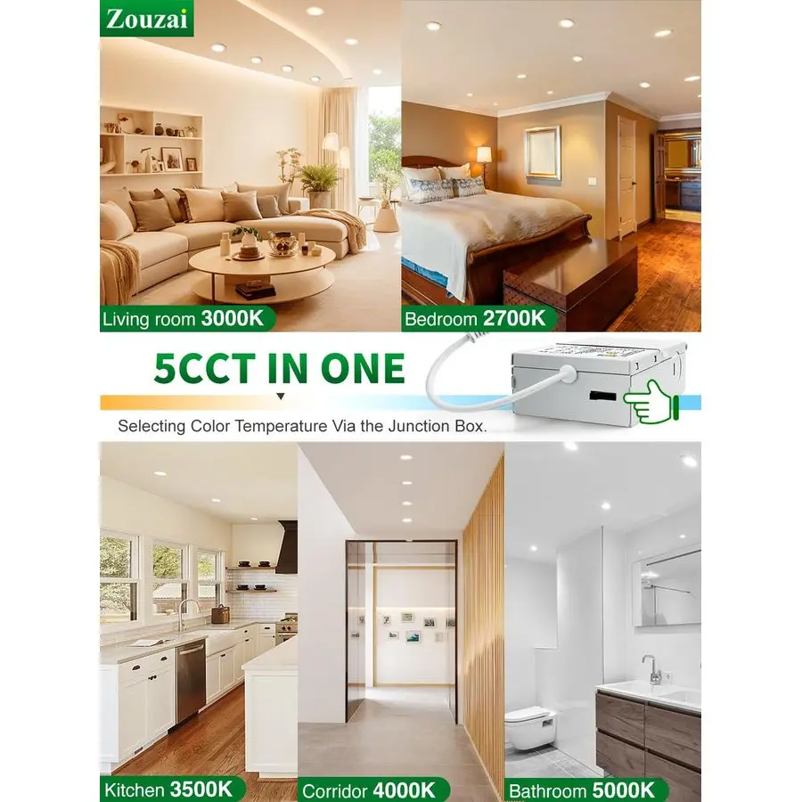 12 عبوة من مصابيح السقف LED فائقة النحافة مقاس 4 بوصات 5CCT مع صندوق توصيل، 2700K 3000K 3500K 4000K 5000K قابلة للاختيار، 9W Eqv 80W