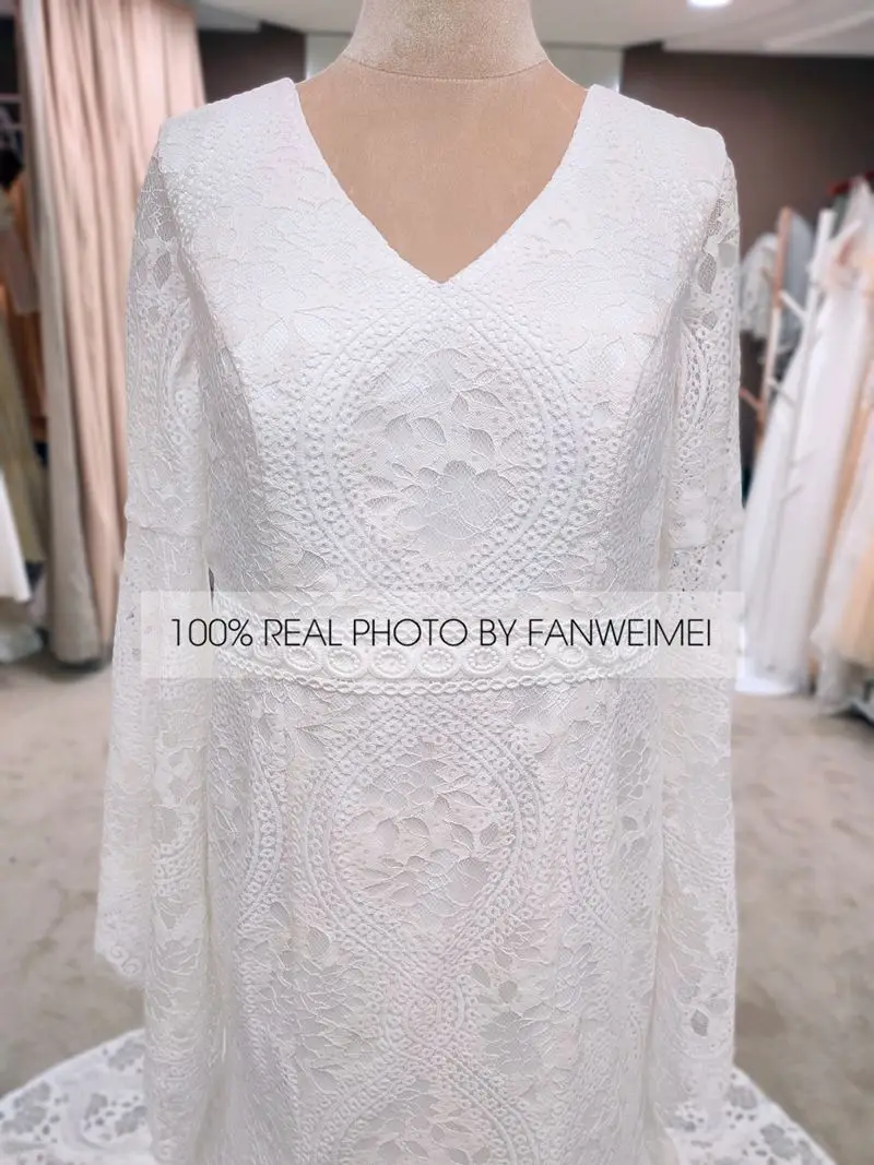 # 9094 fotos reales de FANWEIMEI sin espalda con cuello en V manga acampanada Boho vestido de encaje bohemio vestido de novia personalizado