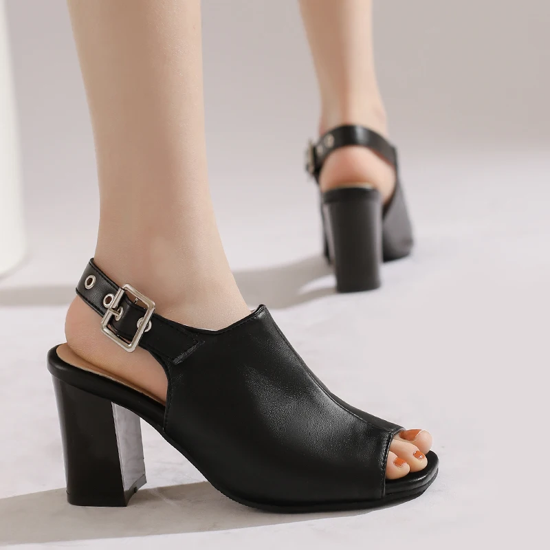 

Женские босоножки на массивном каблуке с открытым носком, черные/коричневые, с ремешком на щиколотке, в стиле панк, римские туфли для вечеринок