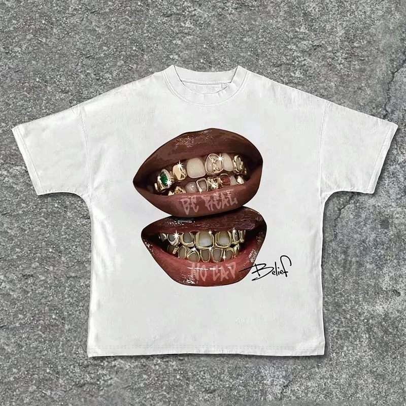 Fashionable Lip Gold Teeth Retro T-shirt Rock Goth Casual Summer Loose Harajuku Print Pattern Men's and Women's T-shirt