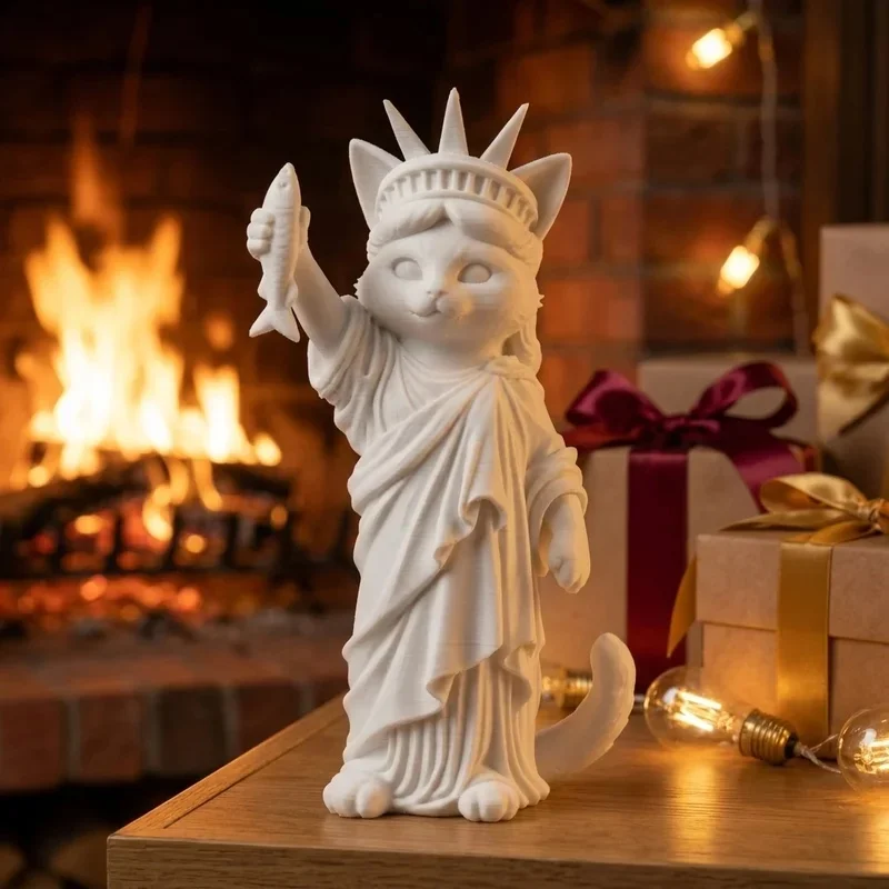 3D Printed Liberty Cat Figurine Statue Holding Fish, Creative Novelty Desk Bookshelf Ornament, Home Decor Funny Cat‑Themed Gift