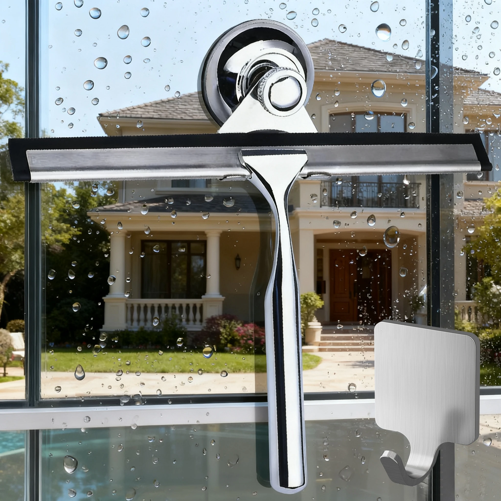 

12'' Shower Squeegee Window Wiper Silicone Rubber Blade Stainless Steel Handle Squeegee Scrape Glass Door Suction Cup Hook