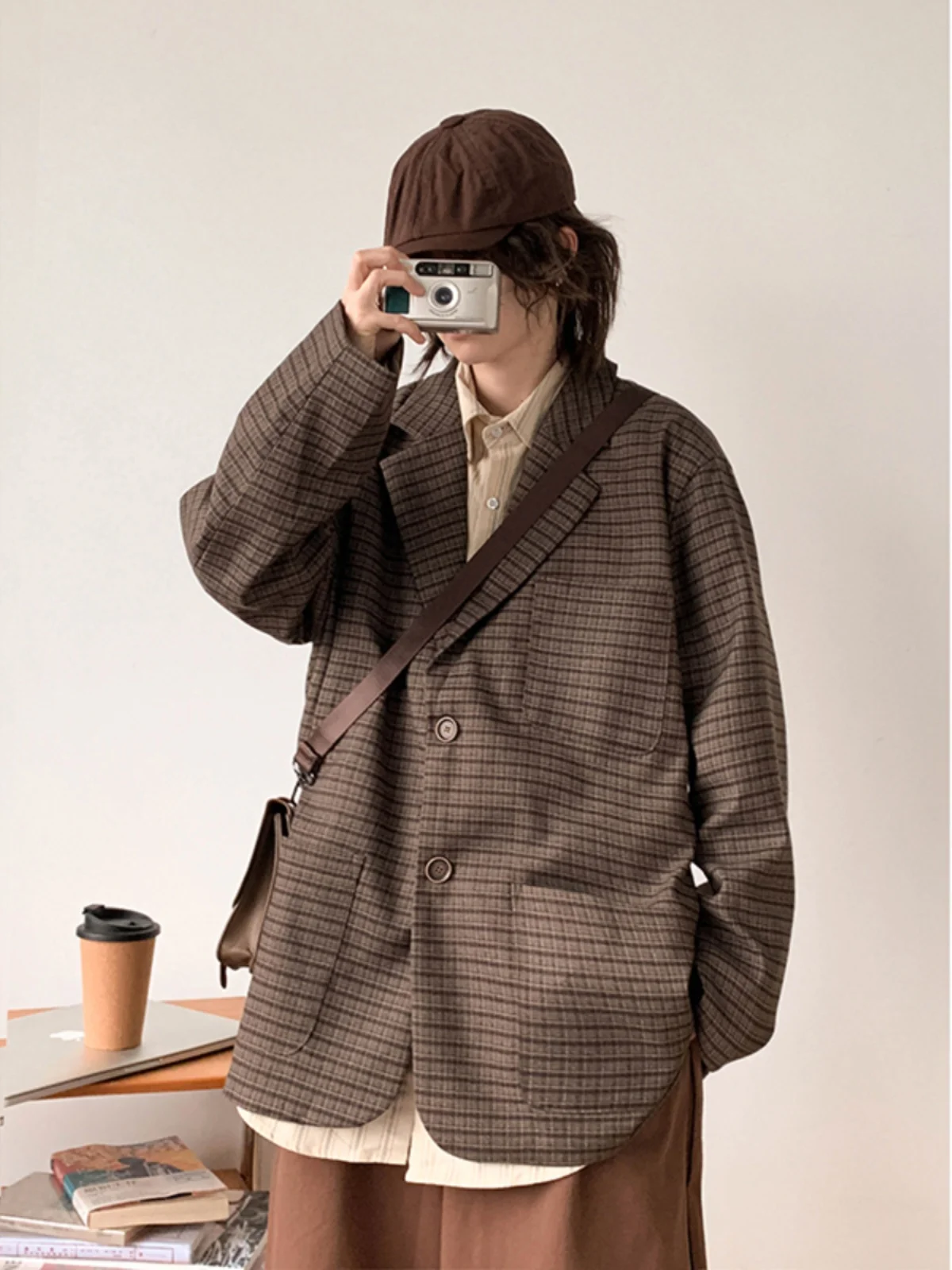 

Retro Japanese Plaid Couple's Loose Casual Suit Men's Outerwear Trendy Design Autumn Winter Faionable Cheered Jaet