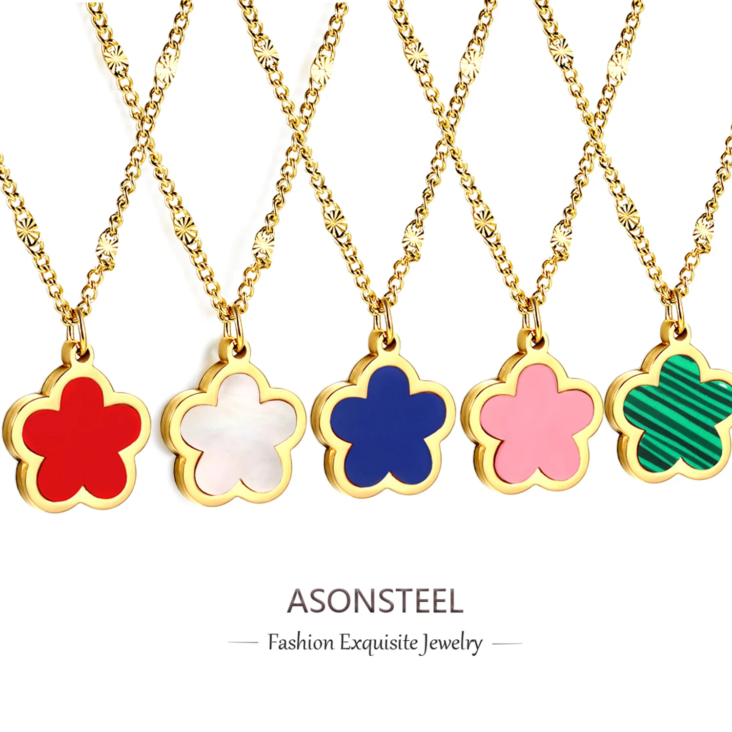 ASONSTEEL Colorful Shell Five-Leaf Clover Flower Pendant Necklace 316L Stainless Steel For Women Chic Chain Waterproof Jewelry
