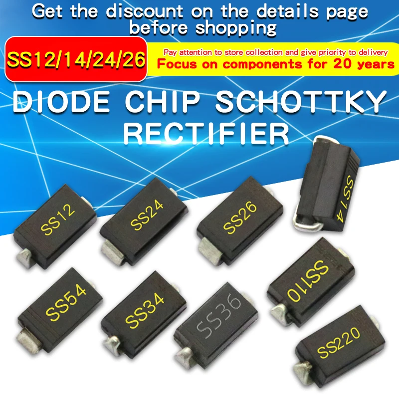 20PCS SMD Schottky Diode SS12 SMA SS14 1N5819 SS24 SB240 SS26 SR260 SS54 1N5824 SS34 1N5822 SR360 SS36 SS110 SB1100 SS2200