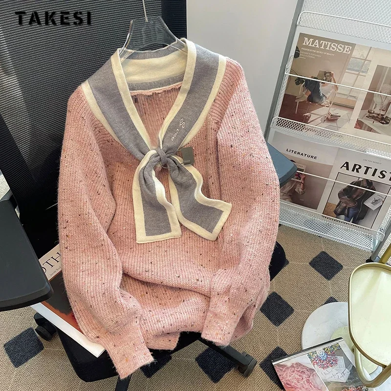 

2023 Winter Casual Vintage Bow Collar Knitting Long Sleeve Cardigans Women Sweet Patchwork Female Loose Luxury Warm Sweater