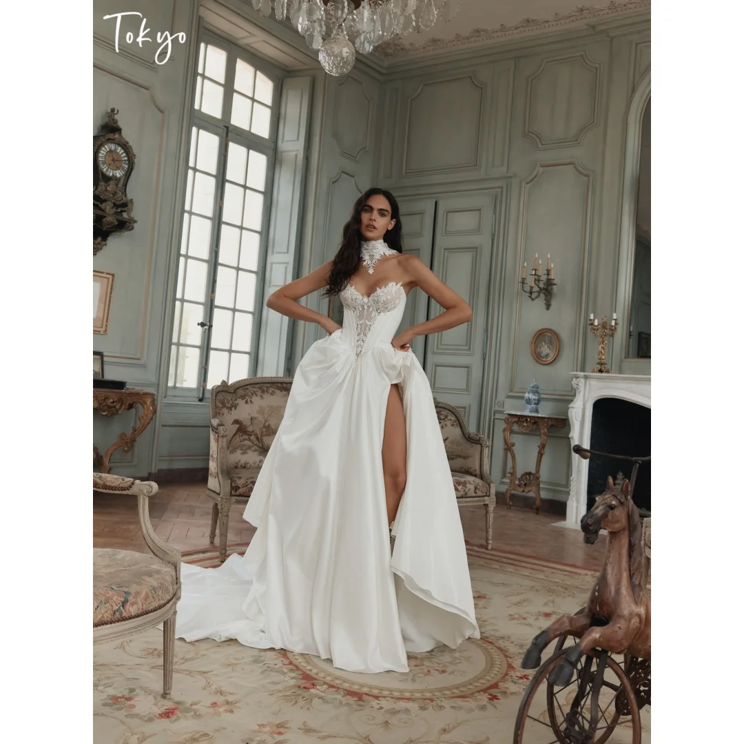 Tokyo Customized High Side Split Ball Gown Wedding Dress Lace Embroidery vestidos de noche Court Train Sleeveless Formal Evening