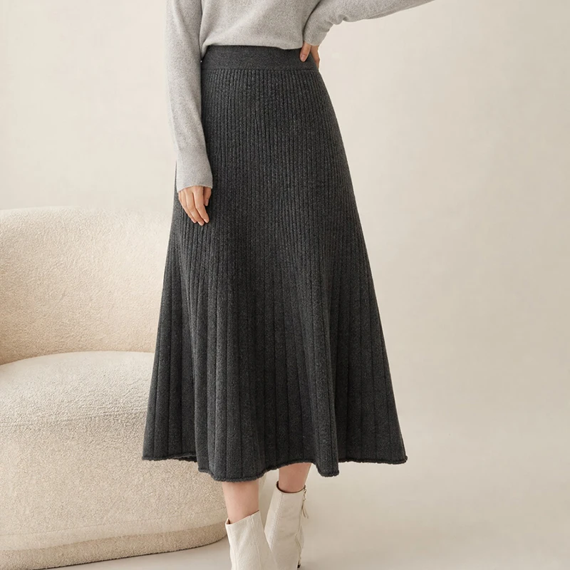 2026 Women Autumn Winter Wool Skirt Long Pleated Skirt 100% Merino Wool Knitwear Grace Soft Dress Korean Style Skirt