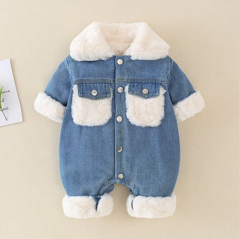 Combinaison en denim avec col en fourrure pour bébé, barboteuse en coton chaud pour nouveau-né, manteau Smile, vêtements d\'extérieur pour enfants,