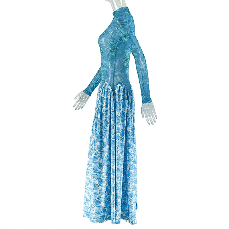 JENYAGE Damen Transparentes Maxikleid mit hohem Kragen, langen Ärmeln, blauem Blattdruck, Patchwork, langer, weitem Rock, afrikanisches Party-Abendkleid – Detail 6
