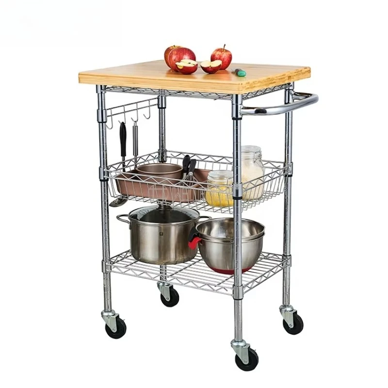 Carrinho de bambu removível com fio cromado, metal, cozinha, serviço de alimentos e bebidas, carrinho com rodas