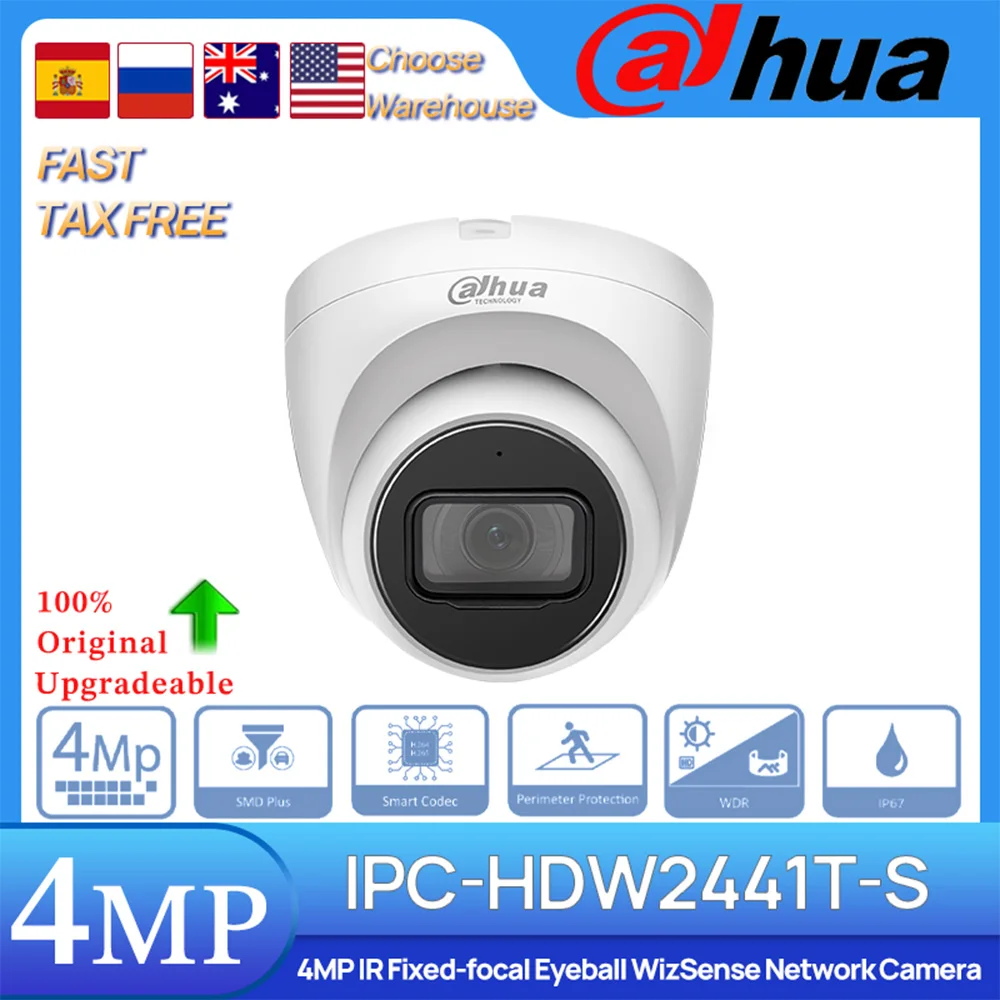 Dahua Original IPC-HDW2441T-S 4MP POE IR Fixed-focal Eyeball WizSense Network Camera Intrusion tripwire IP67 Built in MIC DMSS