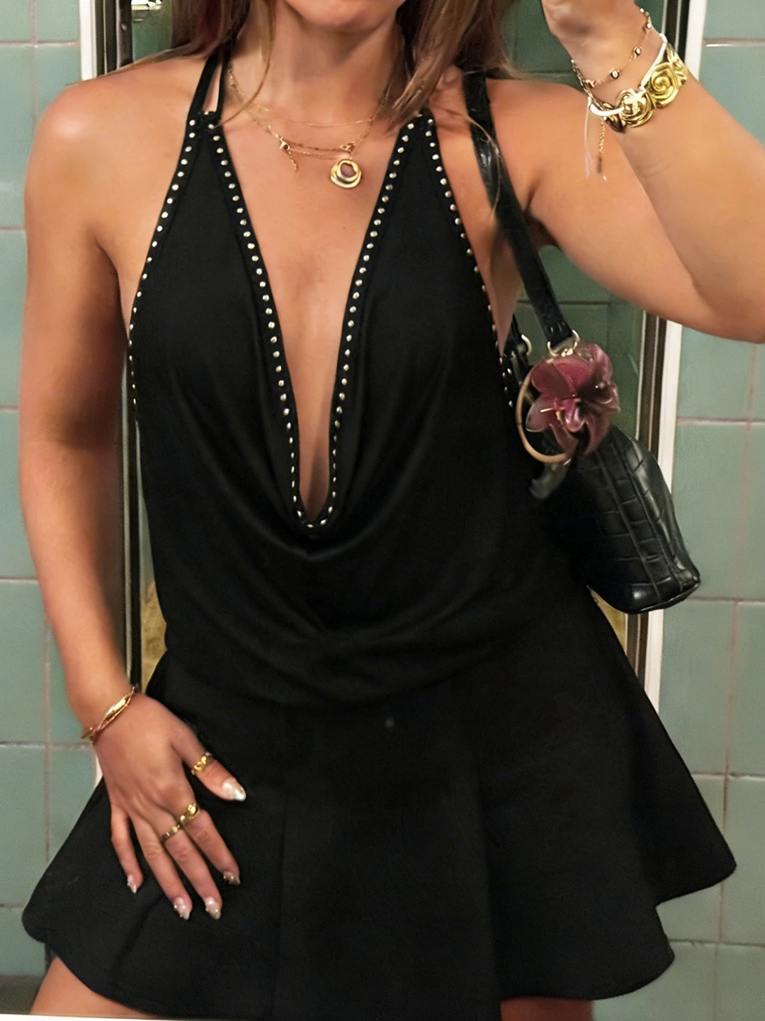 

Foamlina Sexy Black Rivet Decor Deep V Halter Dress for Women New Sexy Stylish Sleeveless Backless Slim A Line Mini Party Dress